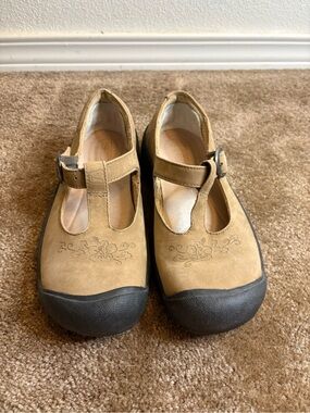 Keen Tan Mary Jane Flats with Floral Embossing